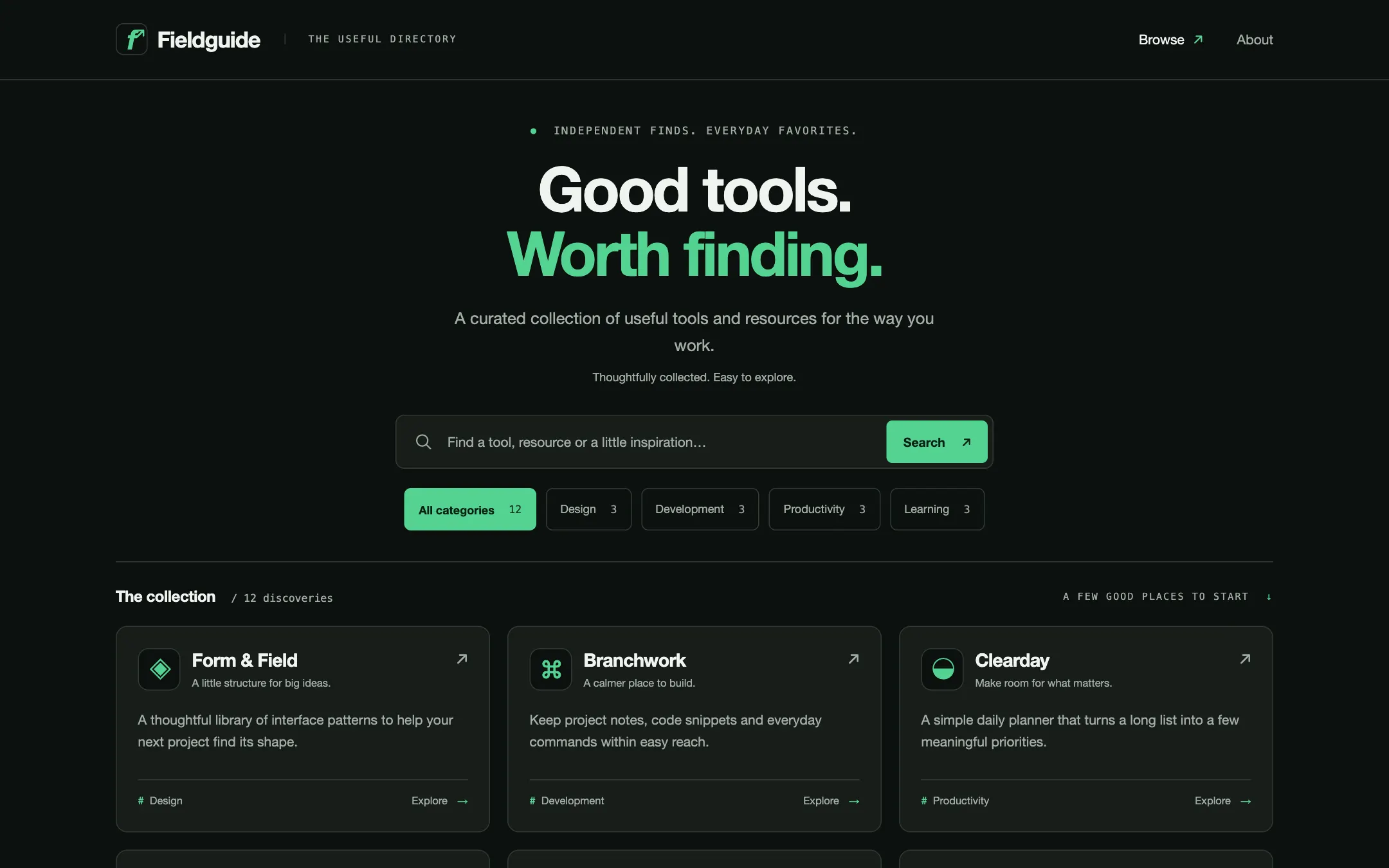 The Directory Listing (Dark) kickstart: A curated directory built for finding your next useful thing.